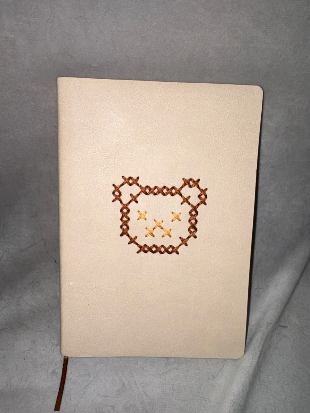 Handmade Beige Faux Leather Notebook with Brown Cross Stitch Bear Accent 8”x6